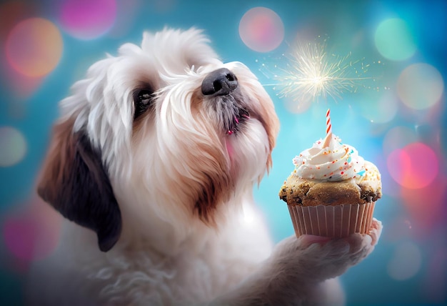 Słodki pies świętuje urodziny z babeczką na świątecznym tle bokeh AI Generated