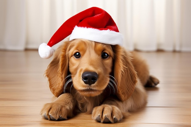 Słodki pies w bożonarodzeniowym kapeluszu.