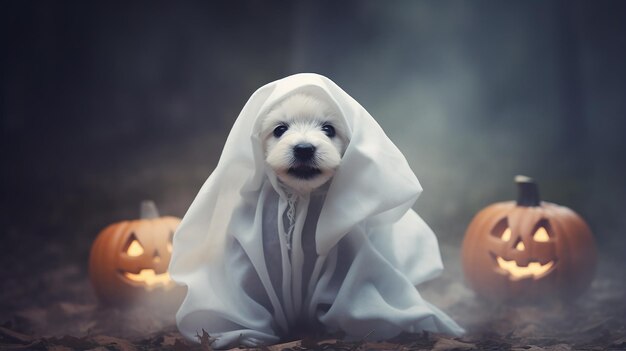 Słodki pies w kostiumie ducha w parku jesieniowym Szczeniak w kostymie ducha koncepcja Halloween