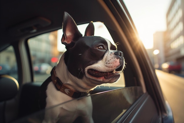 Słodki pies w samochodzie siedzący na oknie