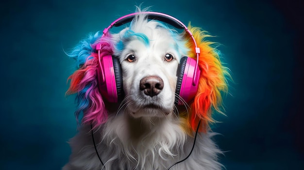 Słodki pies w słuchawkach, muzyka dla psów, sztuczna inteligencja generatywna.