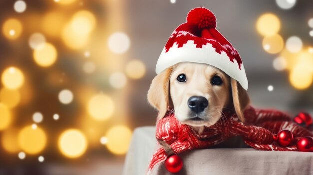 słodki pies w świątecznej czapce i szaliku