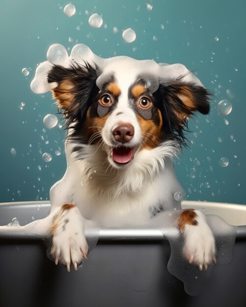 Zdjęcie słodki pies w wannie.