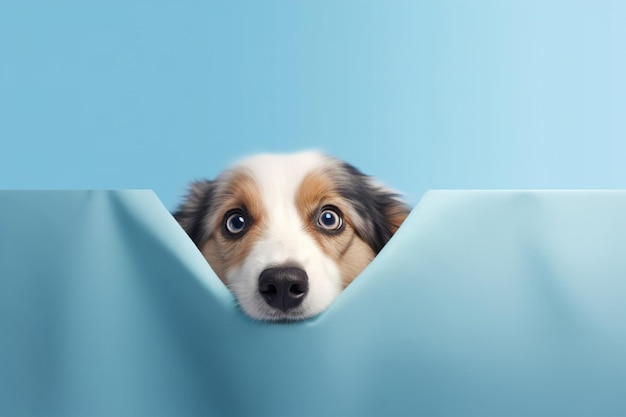Słodki pies wyglądający z krawędzi niebieskiego tła generatywnej sztucznej inteligencji