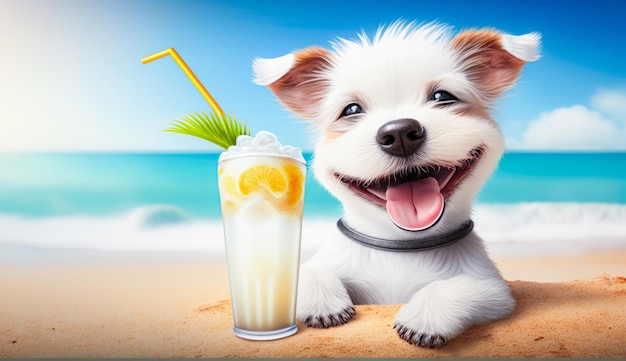 Słodki pies z koktajlem relaksujący się na piaszczystej plaży w pobliżu morza Letnie wakacje z zwierzęciem Generatywna sztuczna inteligencja