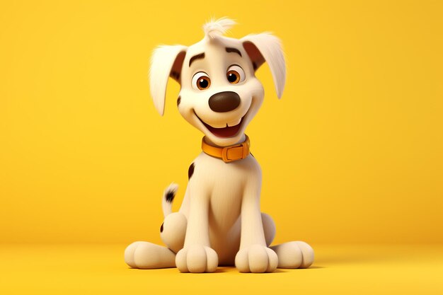 Słodki pies z kreskówki 3D pozuje na żółtym tle