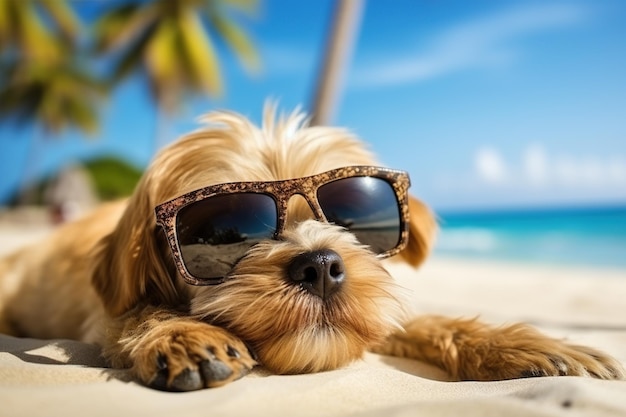 Słodki pies z okularami przeciwsłonecznymi na plaży Koncepcja letnich wakacji