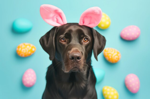 Słodki pies z uszami królików i jajkami wielkanocnymi na niebieskim tle