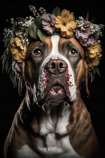 Słodki pies z wieńcem kwiatów na głowie na czarnym tle