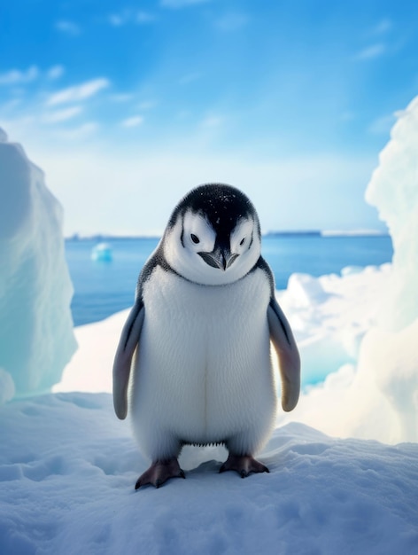 Słodki pingwin na tle śnieżno-niebieskiego oceanu