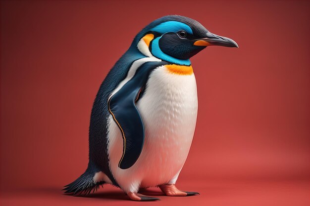 Słodki pingwin stojący przed kolorowym tłem.