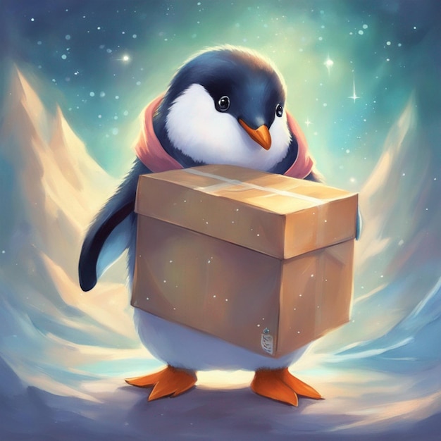 Słodki pingwin trzymający pudełko z przesyłkami.