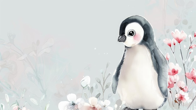 Zdjęcie słodki pingwin z akwarelowym efektem z kwiatami