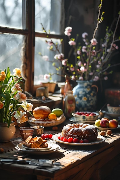 Słodki początek wiosenny brunch z wielkanocnymi owocami i kuszącym ciastem