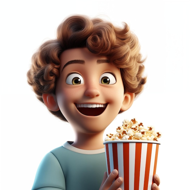 Słodki, podekscytowany, zaskoczony chłopiec z popcornem oglądający film 3D.