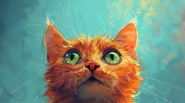 Słodki pomarańczowy kot z szeroko zielonymi oczami patrzy na widzów z ciekawym wyrazem twarzy.