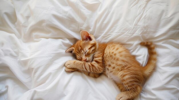 Zdjęcie słodki pomarańczowy kotek śpiący na białej pościeli komfortowa koncepcja łóżka