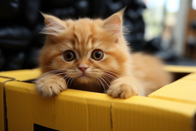Słodki pomarańczowy kotek w żółtym pudełku