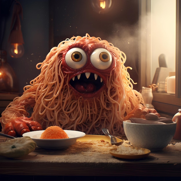 Słodki potwór z spaghetti czekający na obiad.