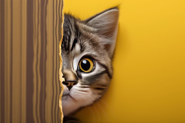 Słodki pręgowany kotek zerkający przez dziurę w zbliżeniu na żółtym papierze Generative AI