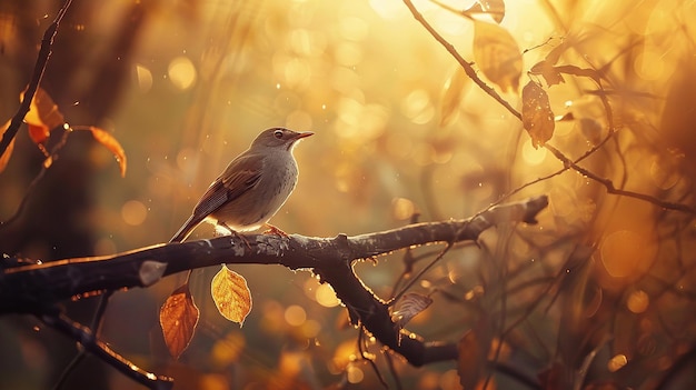 Słodki ptak na wysokiej gałęzi drzewa Ciepłe miękkie oświetlenie Niesamowite słońce Wysoki szczegół