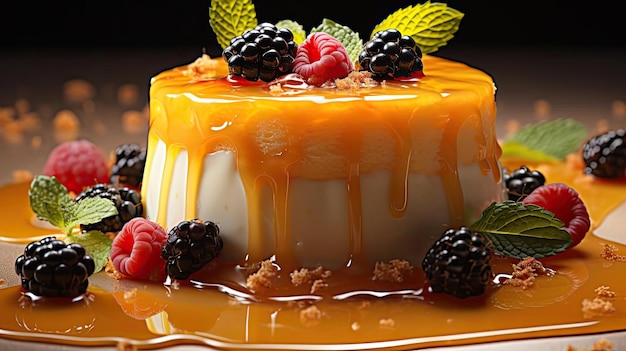 Słodki pudding z owocami i roztopionym słodkim syropem na drewnianym stole z niewyraźnym tłem