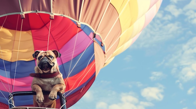 Zdjęcie słodki puggle lata w balonie na gorący powietrze niebo jest niebieskie i chmurne puggle ma na sobie brązowy kołnierz i patrzy w dół na ziemię
