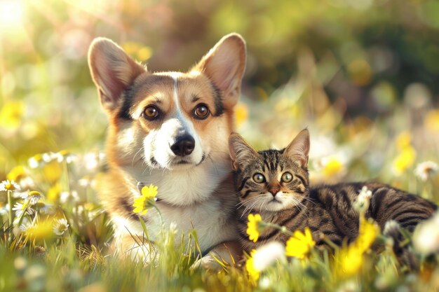 Słodki, puszysty przyjaciel, pies corgi i kot siedzą razem na słonecznej wiosennej łące.