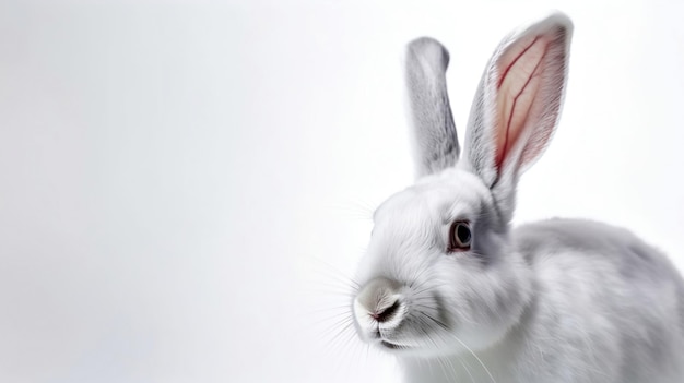 Słodki realistyczny biały królik z bliska siedzący w rogu baneru na szarym tle