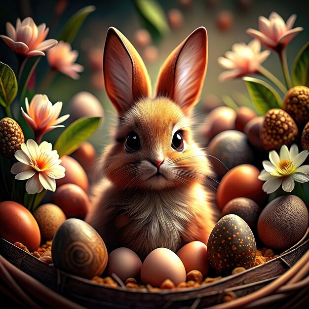 Słodki, realistyczny, puszysty królik otoczony jajkami i kwiatami siedzący w gnieździe.