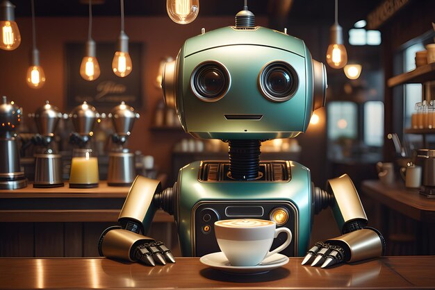 Słodki realistyczny robot barista pracujący w kawiarni 3D wysokiej jakości ilustracja