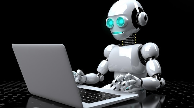 Słodki robot pracujący z laptopem i bańką mowy 3D