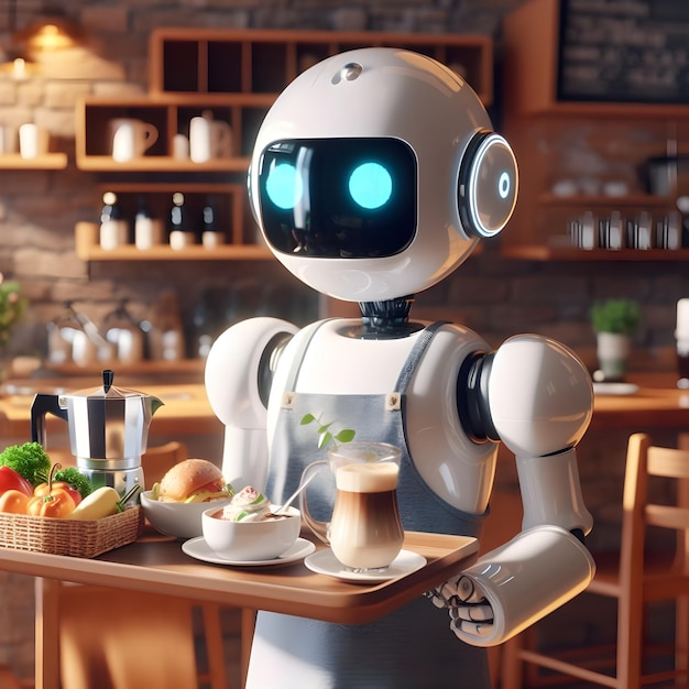 Słodki robotowy kelner w restauracji 8k realistyczny