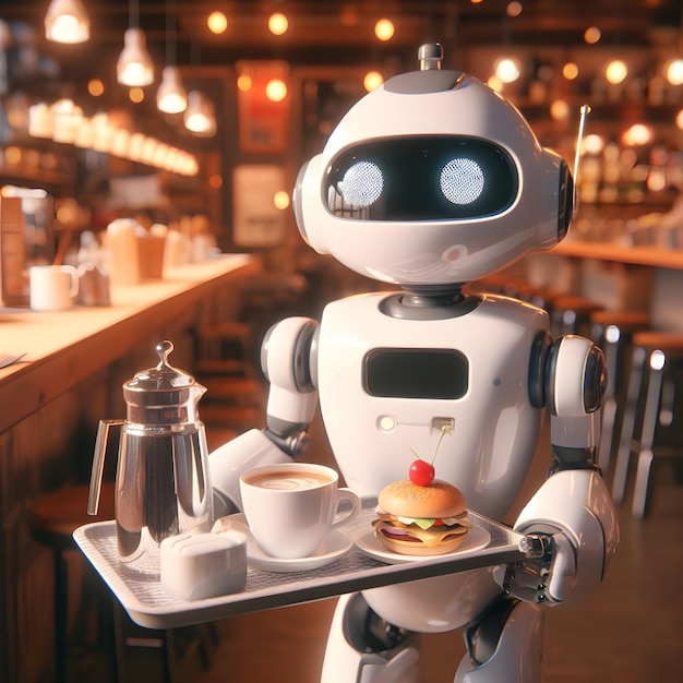 Słodki robotowy kelner w restauracji 8k realistyczny