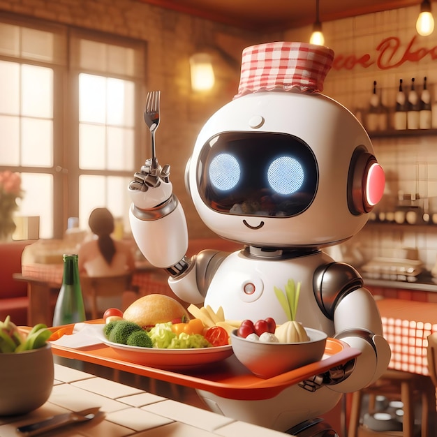 Słodki robotowy kelner w restauracji 8k realistyczny