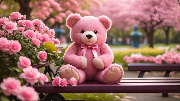 Słodki różowy miś siedzący na ławce w parku otoczony kwitnącymi kwiatami