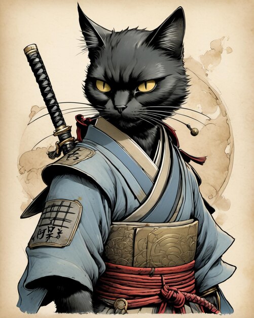 Zdjęcie słodki samuraj ninja kot japońska sztuka