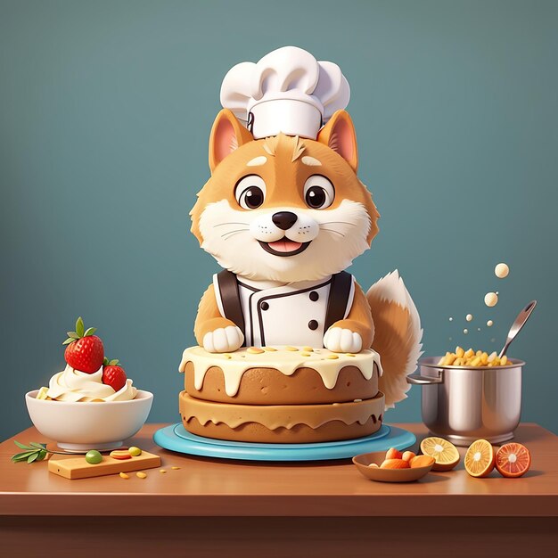 Słodki Shiba Inu pies szef kuchni ciasto kreskówki wektorowy ikona ilustracja ikona pokarmu zwierzęcego odizolowana