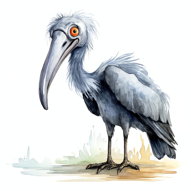 Słodki Shoebill z jego prehistorycznym wyglądem ptak akwarel ilustracja klipart