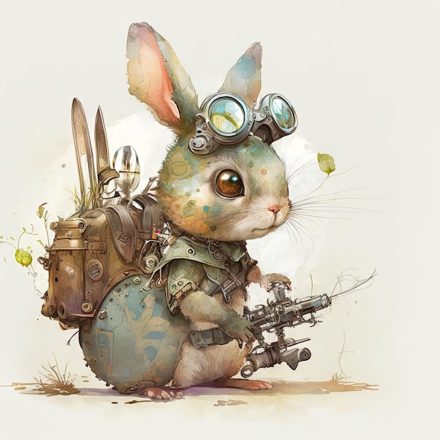 Słodki Steampunk Baby Rabbit Vintage akwarel