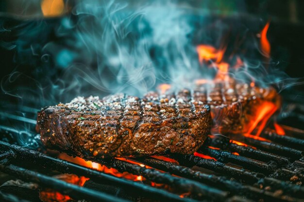 Zdjęcie słodki stek z ribeye gotuje się doskonale na płonącym grillu, którego powierzchnia jest spalona śladami grilla, a dym wznosi się, uchwycając esencję grilla.