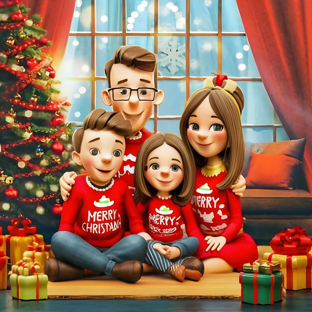 Słodki styl kreskówki rodziny z noszącym Wesołych Świąt w złotym kolorze