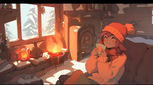 Słodki styl mangy LOFI Girl przytulny zimowy projekt ilustracji tła