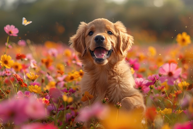 Zdjęcie słodki szczeniak bawiący się na polu kwiatów z machającym ogonem i szczęśliwym wyrazem twarzy