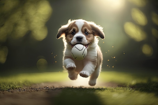 Słodki szczeniak bawiący się piłką w parku, biegający i skaczący dla zabawy