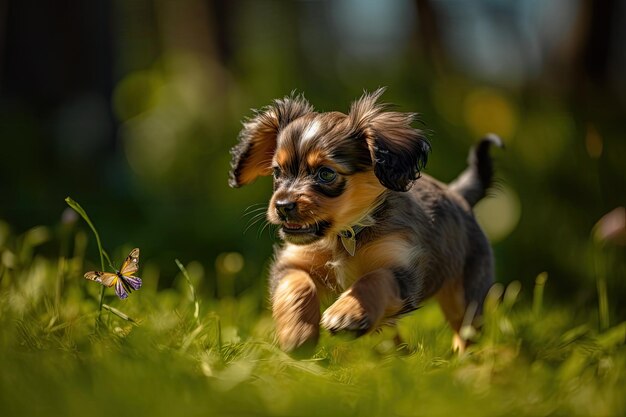 Zdjęcie słodki szczeniak bawiący się w parku w słoneczne popołudnie