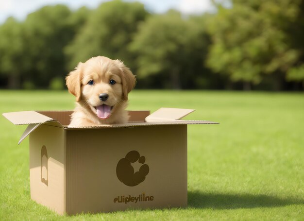 Słodki szczeniak golden retriever stojący w kartonowym pudełku na zielonej naturze