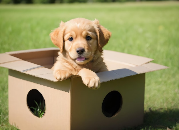 Słodki szczeniak golden retriever stojący w kartonowym pudełku na zielonej naturze