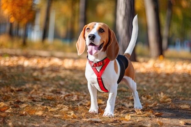 Słodki szczeniak rasy Beagle z czerwonym kołnierzem lubi spacer po parku