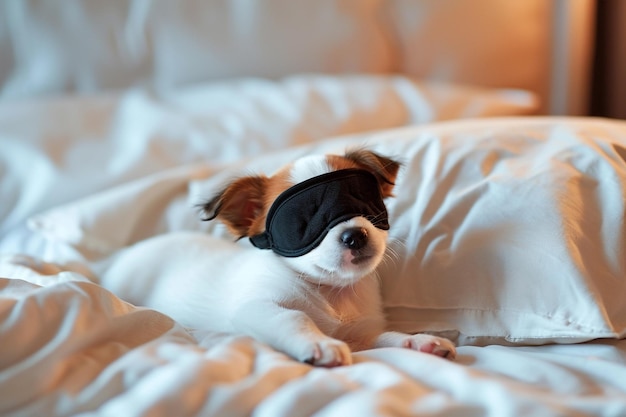 Słodki szczeniak śpiący w łóżku i noszący czarną maskę do spania